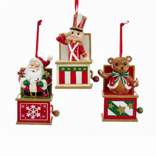 Pack of 6 Red, White and Green Santa, Bear and Soldier Jack in the Box Christmas Ornaments 4"
