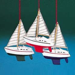 Pack of 12 Nautical Wooden Yacht with Striped Sails Christmas Ornaments
