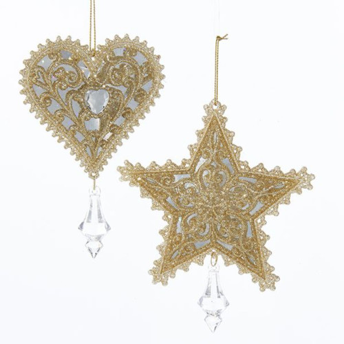Pack of 24 Glitter Drenched Filigree Cut-Out Heart and Star Crystal Accented Christmas Ornaments 6"