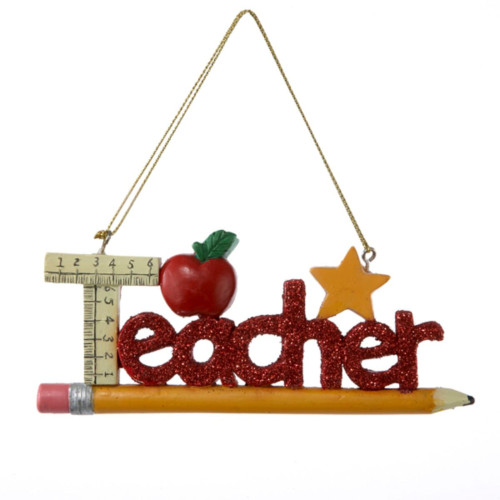Club Pack of 24 Red and Yellow "Teacher" on Pencil with Rulers and Apple Christmas Ornaments 4.5"