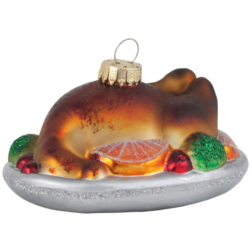 4" Brown and Green Thanksgiving Turkey Glass Christmas Ornament