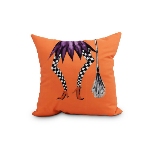 16" Orange and Purple Witch with Broom Halloween Outdoor Pillow - Down Alternative Filler