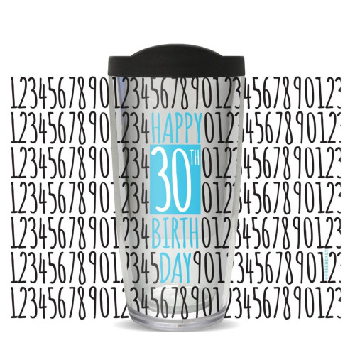 6.75" Clear and Blue 30th Birthday Double Wall Insulated Tumbler with Lid 16oz.
