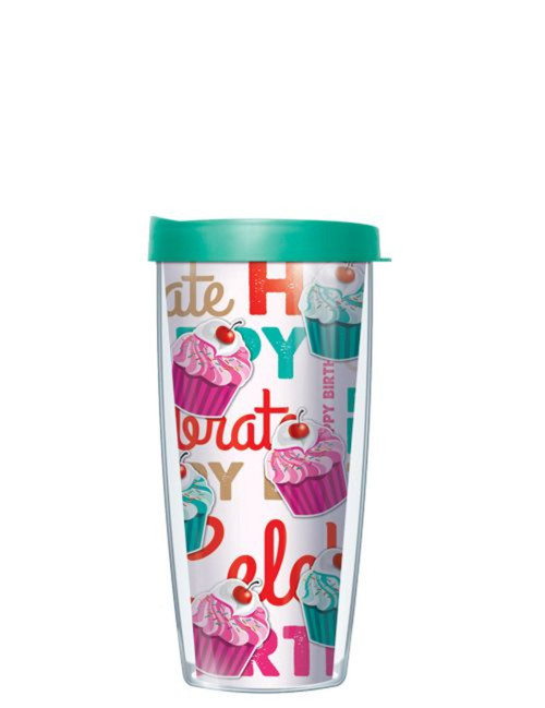 6.75" Clear and Teal Blue Happy Birthday Insulated Travel Tumbler with Lid 16oz.