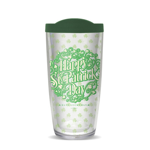 6.75" Clear and Green "Happy St. Patrick's Day" Double Wall Insulated Travel Tumbler with Lid 16oz.
