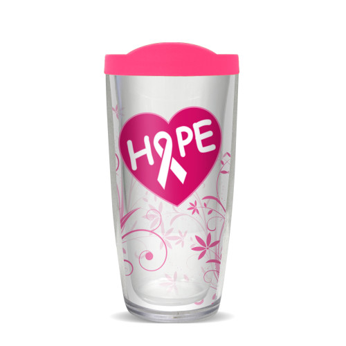 6.75" Clear and Pink Breast Cancer Awareness Double Wall Insulated Travel Tumbler with Lid 16oz.