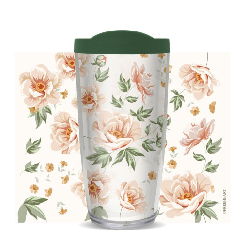 Clear and Hunter Green Rose Flowers Double Wall Insulated Travel Tumbler with Lid 16oz.