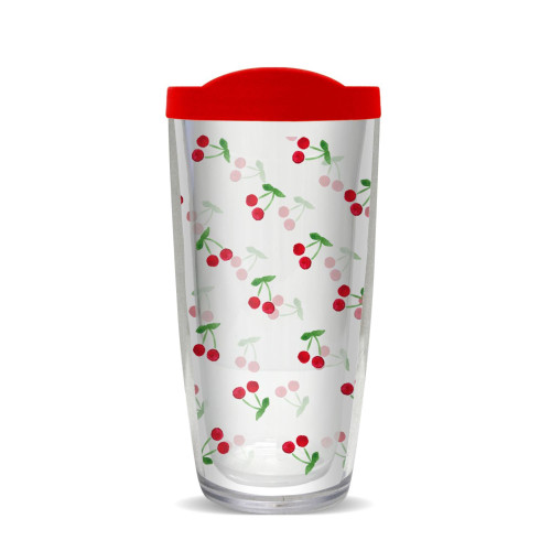 6.75" Clear and Red Cherries Insulated Travel Tumbler with Lid 16oz.