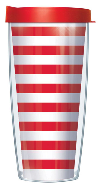 6.75" Clear and Red Striped Insulated Travel Tumbler with Lid 16oz.