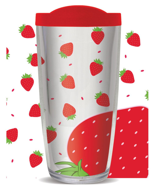6.75" Clear and Red Strawberry Burst Insulated Travel Tumbler with Lid 16oz.