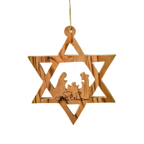 3" Brown Wooden Star of David with Holy Family Hanging Ornament