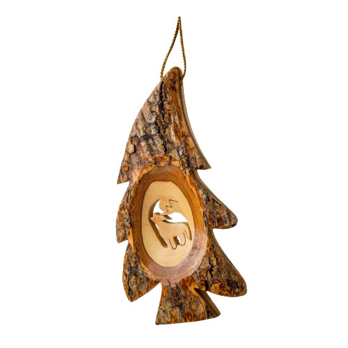 5" Brown Wooden Nativity with Wolf in Bark Slice Hanging Ornament