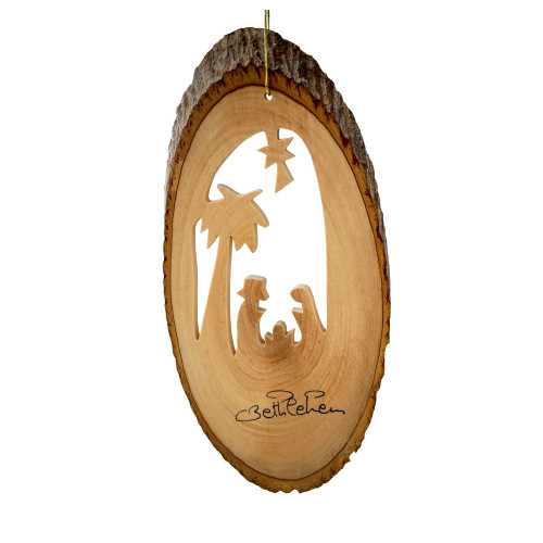 4" Brown Wooden Nativity with Palm in Bark Slice Hanging Ornament