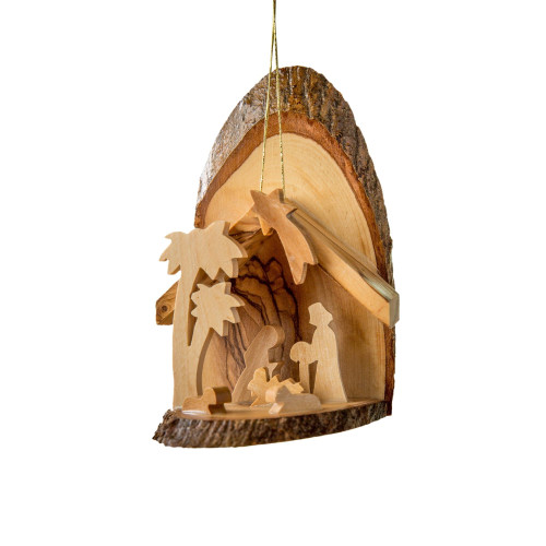 4.5" Brown Wooden Bark Slice Nativity Grotto with Palm Trees Hanging Ornament