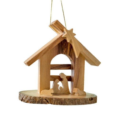 3" Brown Wooden Nativity Grotto with Fence Hanging Ornament