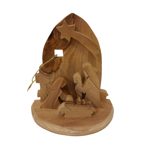 4" Brown Wooden Nativity Grotto with Carved Figures Ornament