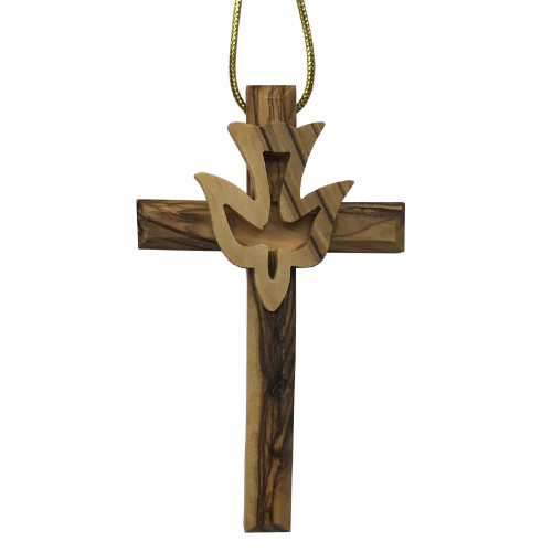 3.75" Brown Wooden Cross with Dove Hanging Ornament