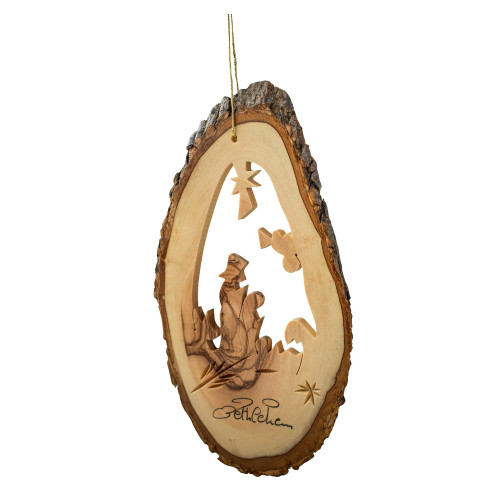 4" Brown Wooden Nativity in Bark Slice Hanging Ornament