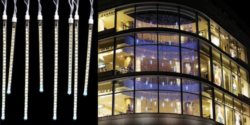 Set of 8 LED Pure White Dripping Icicle Tube Christmas Lights  - White Wire