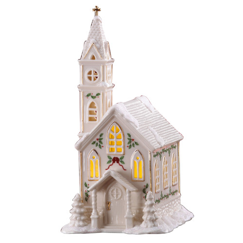 9" White and Yellow Light-Up Village Church Figurine