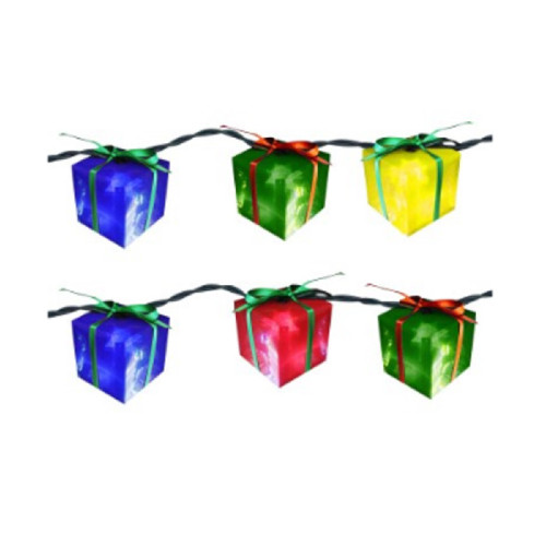 Set of 10 Brightly Colored Gift Box Novelty Christmas Lights 11 ft White Wire
