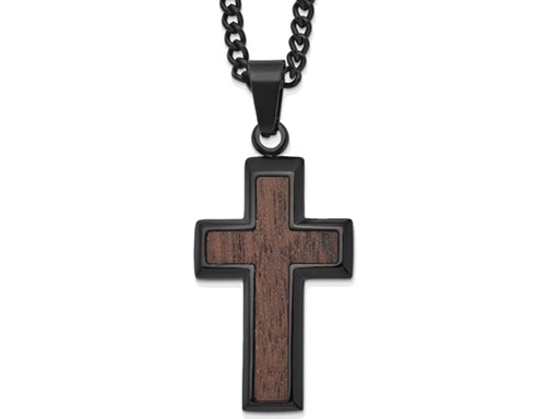 Mens Black Plated Stainless Steel Wood Inlay Cross Pendant Necklace with Chain