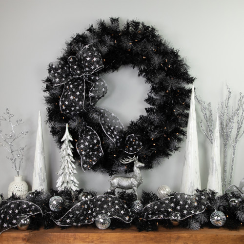 Pre-Lit Battery Operated Black Bristle Christmas Wreath - 36" - Warm White LED Lights