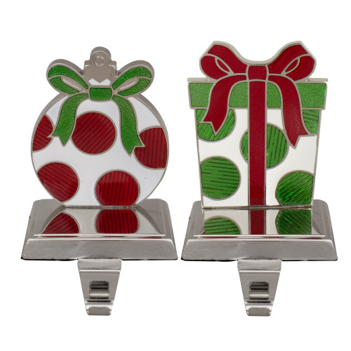 Set of 2 Green, Red, and Silver Gift Box Christmas Stocking Holder
