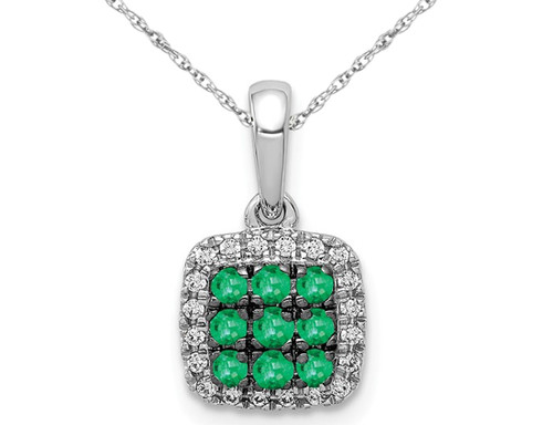 1/6 Carat (ctw) Natural Cluster Emerald Halo Pendant Necklace in 14K White Gold with Chain and Accent Diamonds