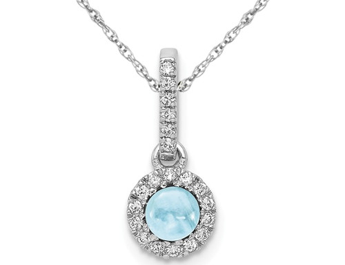 1/2 Carat (ctw) Natural Cabochon Aquamarine Pendant Necklace in 14K White Gold with Chain and Accent Diamonds