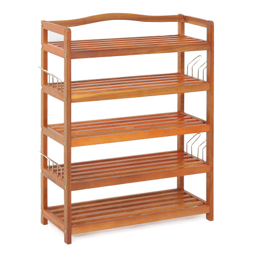 Costway 5-Tier Wood Shoe Rack Solid Acacia Wood Shoe Shelf with Side Metal Hooks