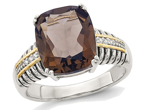 4.50 Carat (ctw) Smokey Quartz Ring in Sterling Silver with 14K Gold Accents and Accent Diamonds - 68QGG0095SQ-7