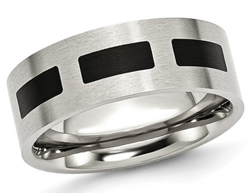 Mens 8mm Stainless Steel Comfort Fit Wedding Band Ring with Black Accent - 88QGG0028GF-13