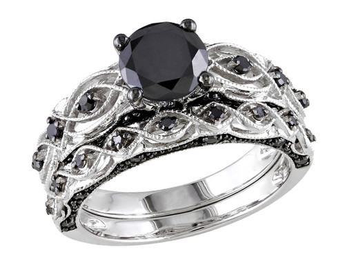 1.39 Carat (ctw) Black Diamond Engagement Ring and Wedding Band Set in 10K White Gold - 08DLG44608138-10