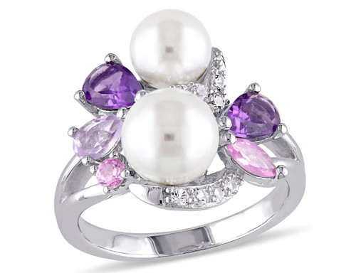 White Freshwater Cultured Pearl Ring with Amethyst, Created Pink & White Sapphire and Rose De France In Sterling Silver - 68DLG1001516PF-6