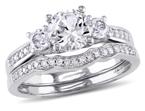 Lab-Created White Sapphire 1 1/3 Carat (ctw) with Diamond Bridal Wedding Set Engagement Ring in 10K White Gold - 08DLG1001935CWSA-10