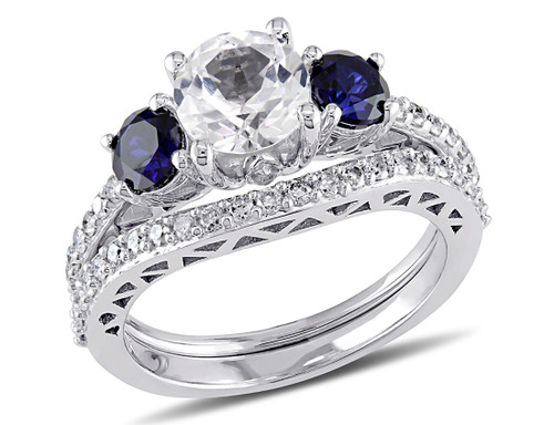 Created White & Created Blue Sapphire 2 Carat (ctw) with Diamond 1/3 Carat (ctw) Engagement Ring and Bridal Wedding Set 10K White Gold - 08DLG1001940CWSA-9