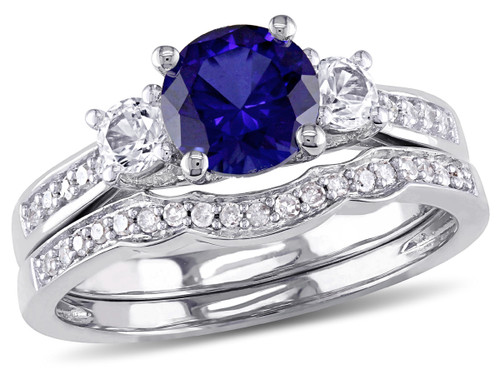 1 1/3 Carat (ctw) Lab-Created Blue & White Sapphire with Diamond Bridal Wedding Set Engagement Ring 10K White Gold - 08DLG1001936CSA-7