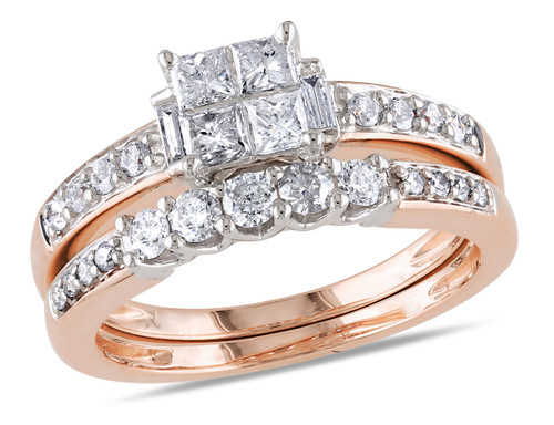 1.0 Carat (ctw H-I I2-I3) Princess-Cut Diamond Engagement Ring & Band Bridal Wedding-Set 14K Rose Pink Gold - 08DLG1001871W-9