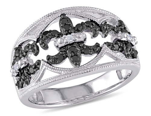 Enhanced Black and White Fleur De Lys Diamond Ring 1/4 Carat (ctw) in Sterling Silver with Black Rhodium - 68DLG1003248-9.5