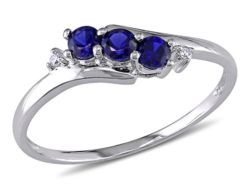 Lab Created Blue Sapphire Three Stone Ring 2/5 Carat (ctw) in 10K White Gold with Accent Diamonds - 08DLG1003231CSAW-10
