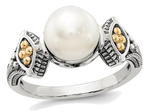 Freshwater Cultured White Pearl Ring 8mm in Sterling Silver with 14K Gold Accents - 68QGG0208PF-6