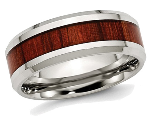 Mens Stainless Steel 8mm Polished Red Wood Inlay Wedding Band Ring - 88QGG0401GM-13