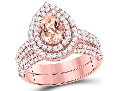 2/3 Carat (ctw) Natural Morganite Drop Engagement Ring and Wedding Band Set in 14K Rose Pink Gold with Diamonds - 08GDG150684MORP-7.5