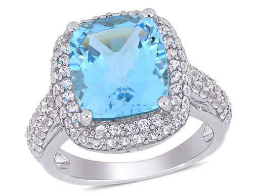 6.25 Carat (ctw) Cushion Cut Blue Topaz Ring with Lab Created White Topaz in Sterling Silver - 68DLG1004285BT-7