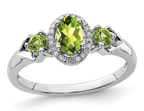 4/5 Carat (ctw) Three-Stone Peridot Ring in Sterling Silver with Diamonds 1/12 Carat (ctw)