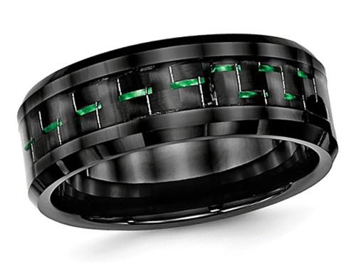 Ceramic Black with Green Carbon Fiber Beveled Edge Wedding Band Ring - 88QGG0053-9