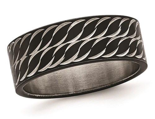 Mens or Ladies Black Plated Stainless Steel Diamond Cut Ring Band - 88QGG0599-12