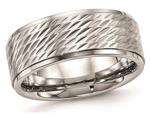 Mens Stainless Steel 9mm Brushed Center Ridged Edge Diamond Cut Ring - 88QGG0554-11