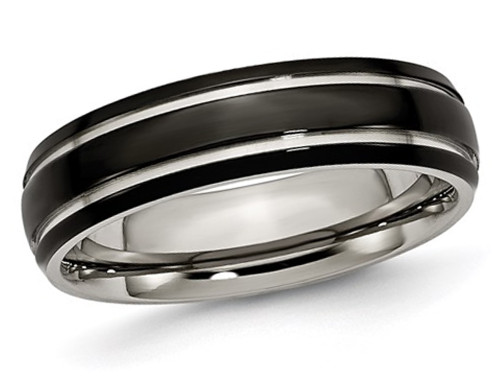 Mens 6mm Grooved Black Plated Titanium Wedding Band Ring - 28QGG0317GM-6